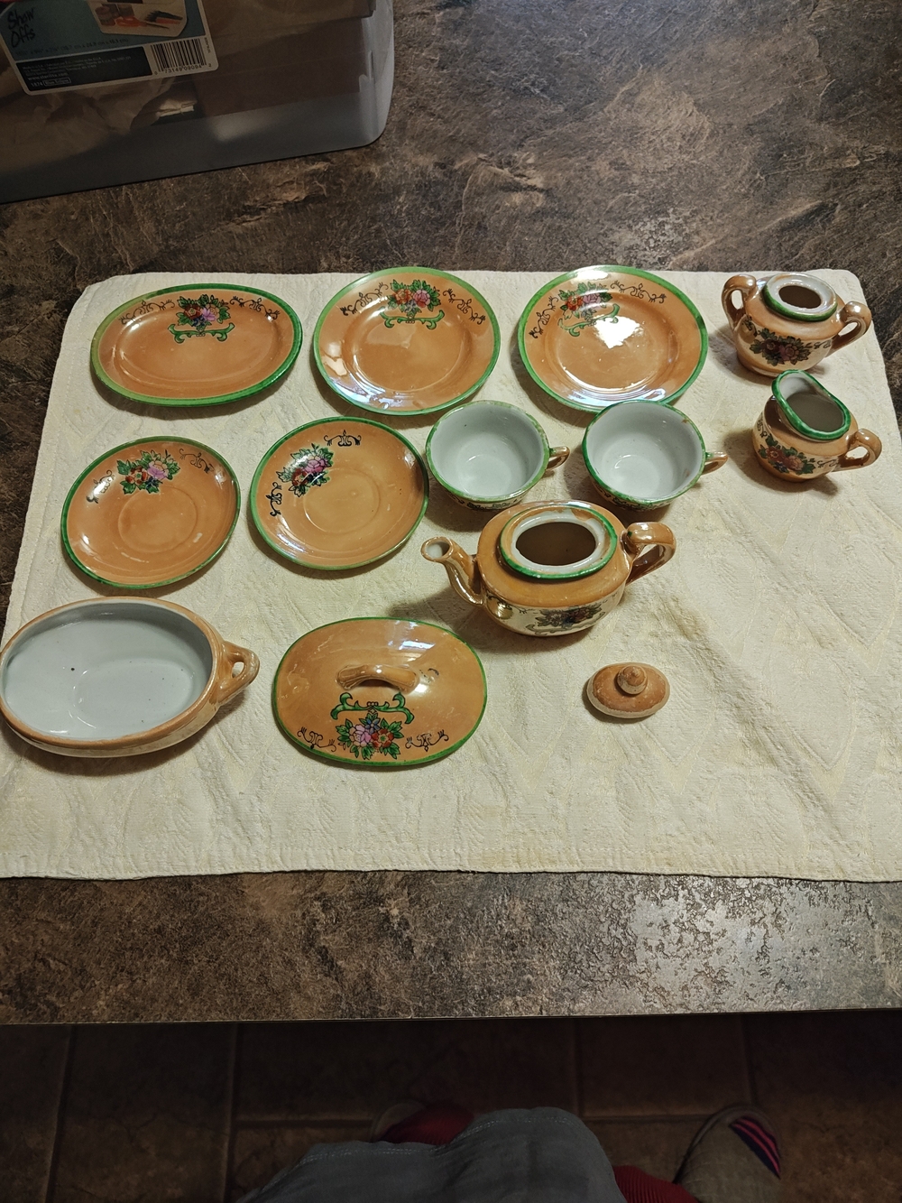 Ceramic Mini Tea Set in Tan with Green Trim